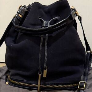 Halston Heritage New Dark Blue Leather/Suede Bucket Bag Purse
